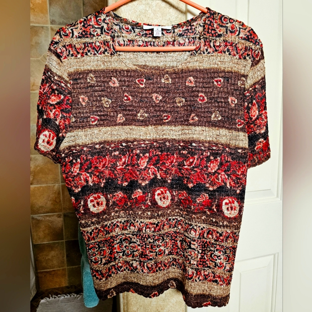 JM Collection Brown and Red Floral Shirt - Size XL